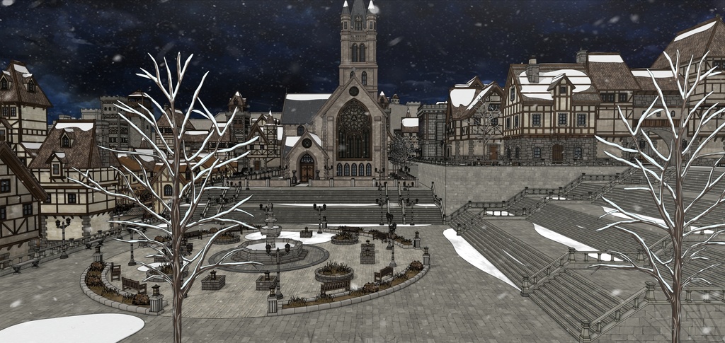 堅固な城壁の北部の村 外部(夏 / 冬)|3D背景素材(SketchUp)