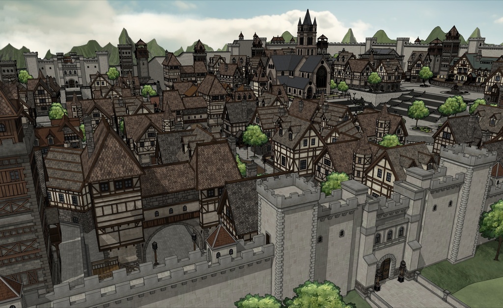 堅固な城壁の北部の村 外部(夏 / 冬)|3D背景素材(SketchUp)