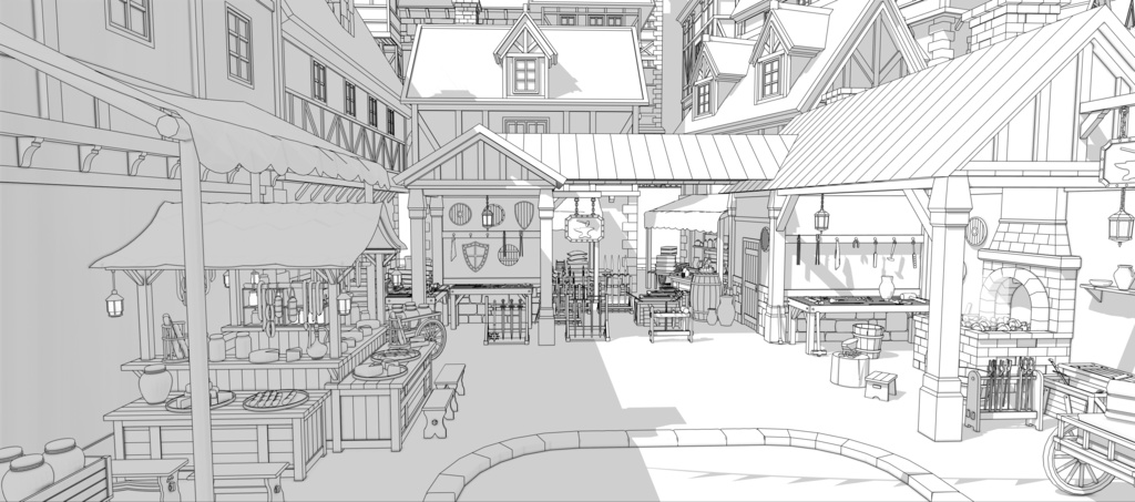 堅固な城壁の北部の村 外部(夏 / 冬)|3D背景素材(SketchUp)