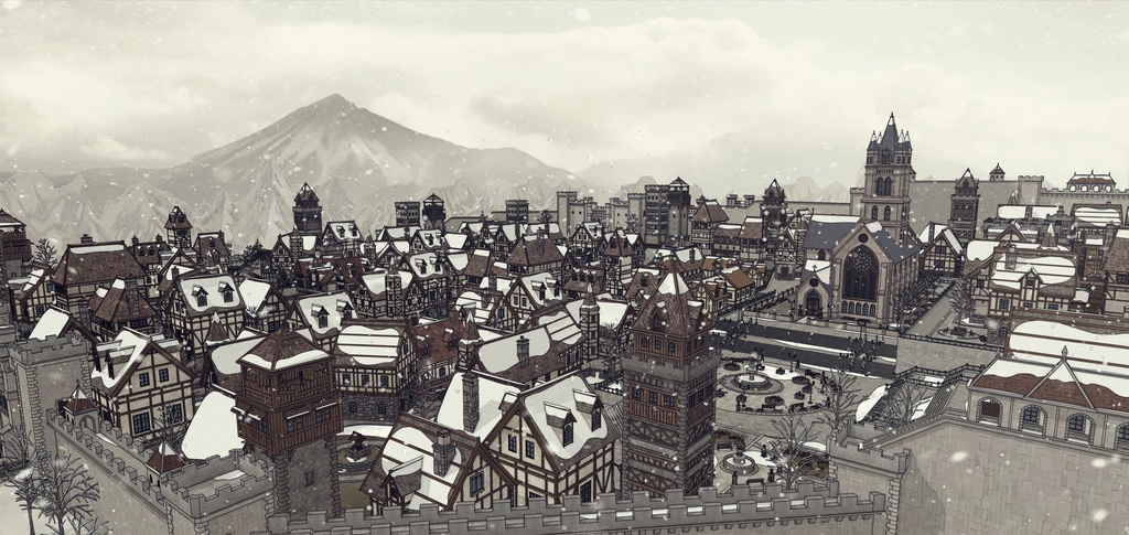 堅固な城壁の北部の村 外部（夏 / 冬）｜3D背景素材（SketchUp）