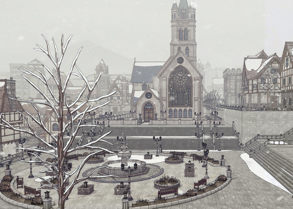 堅固な城壁の北部の村 外部(夏 / 冬)|3D背景素材(SketchUp)