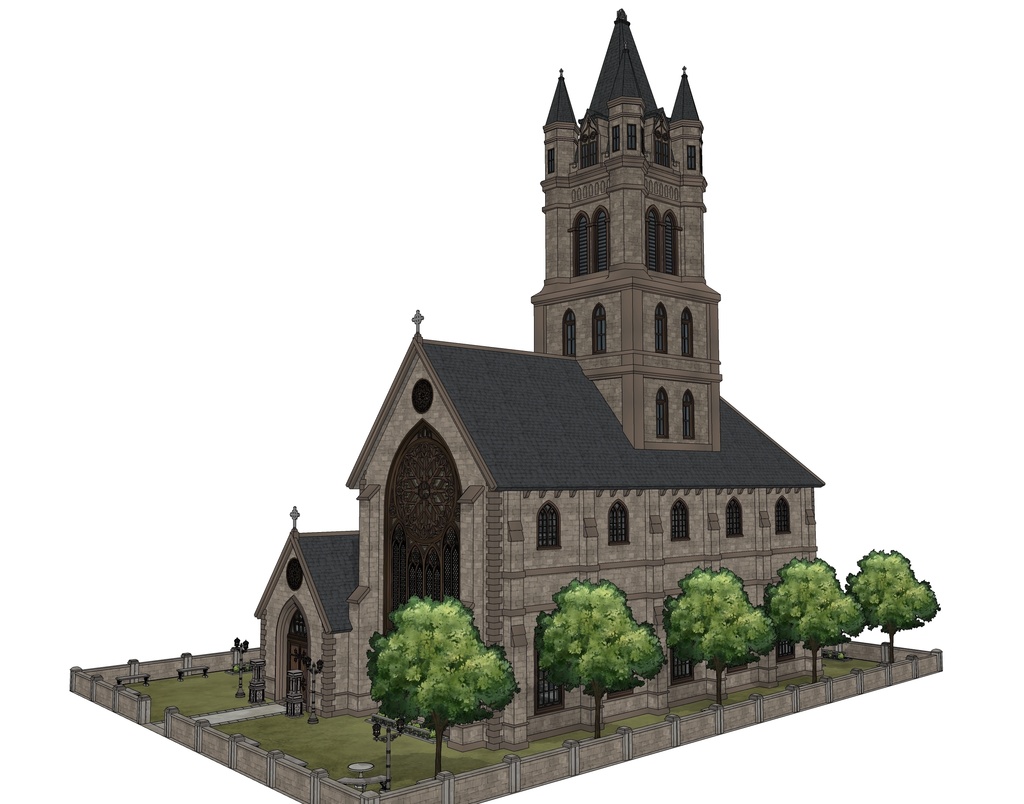 ゴシック中世聖堂(外部 / 内部)|3D背景素材(SketchUp)