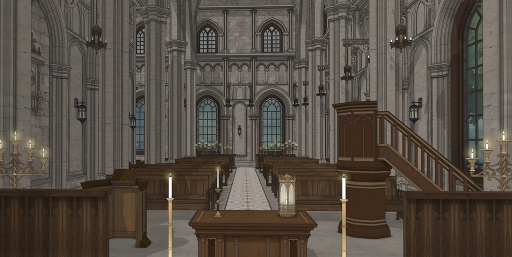 ゴシック中世聖堂(外部 / 内部)|3D背景素材(SketchUp)