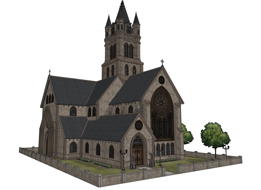 ゴシック中世聖堂(外部 / 内部)|3D背景素材(SketchUp)