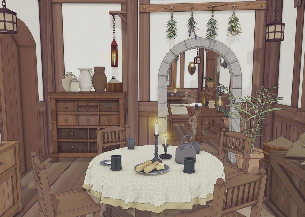 小さな菜園のあるこぢんまりとした家(外部 / 内部)|3D背景素材(SketchUp)