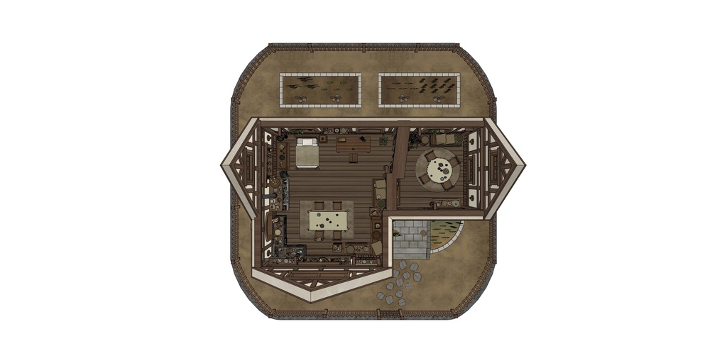 小さな菜園のあるこぢんまりとした家(外部 / 内部)|3D背景素材(SketchUp)