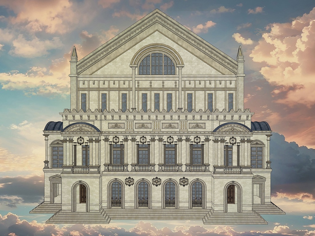 19世紀ヨーロッパ風 オペラハウス|3階構造 劇場空間(外部 / 内部)|3D背景素材(SketchUp)