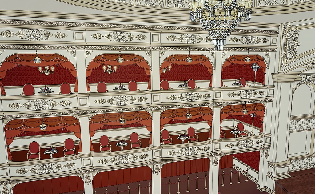19世紀ヨーロッパ風 オペラハウス|3階構造 劇場空間(外部 / 内部)|3D背景素材(SketchUp)