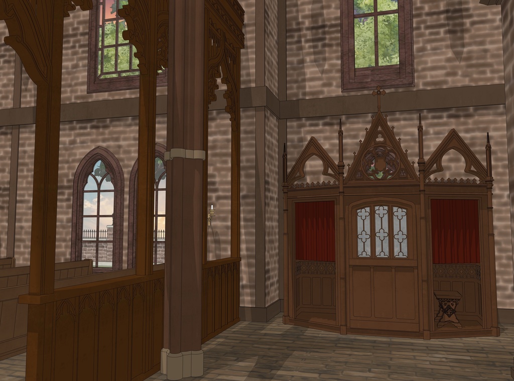 19世紀ゴシック聖堂|祭壇・告解室付き(外部 / 内部)|3D背景素材(SketchUp)