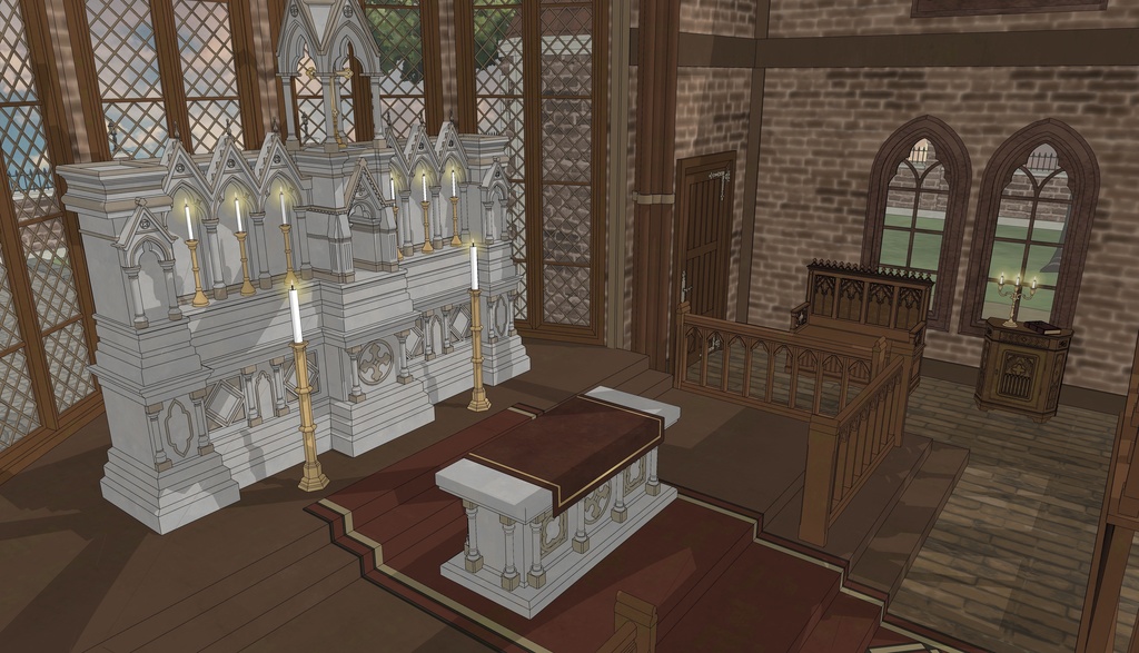19世紀ゴシック聖堂|祭壇・告解室付き(外部 / 内部)|3D背景素材(SketchUp)