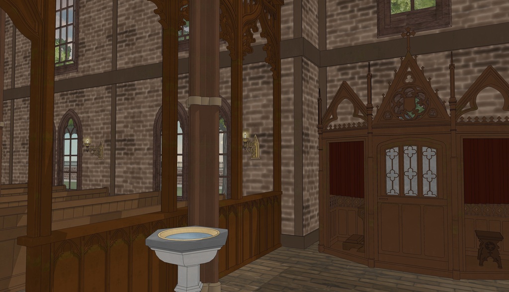 19世紀ゴシック聖堂|祭壇・告解室付き(外部 / 内部)|3D背景素材(SketchUp)