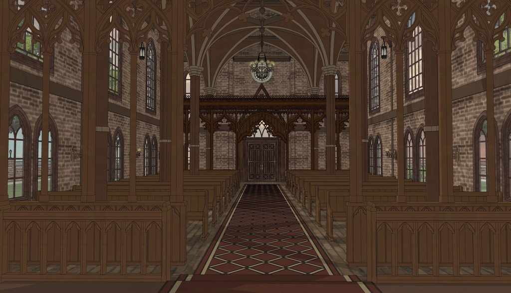 19世紀ゴシック聖堂|祭壇・告解室付き(外部 / 内部)|3D背景素材(SketchUp)