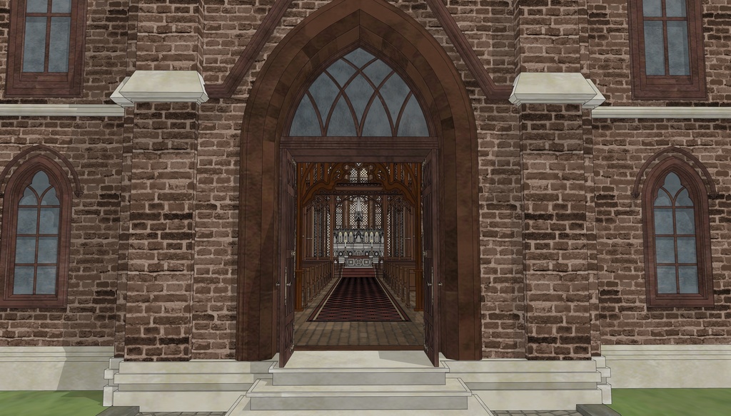 19世紀ゴシック聖堂|祭壇・告解室付き(外部 / 内部)|3D背景素材(SketchUp)