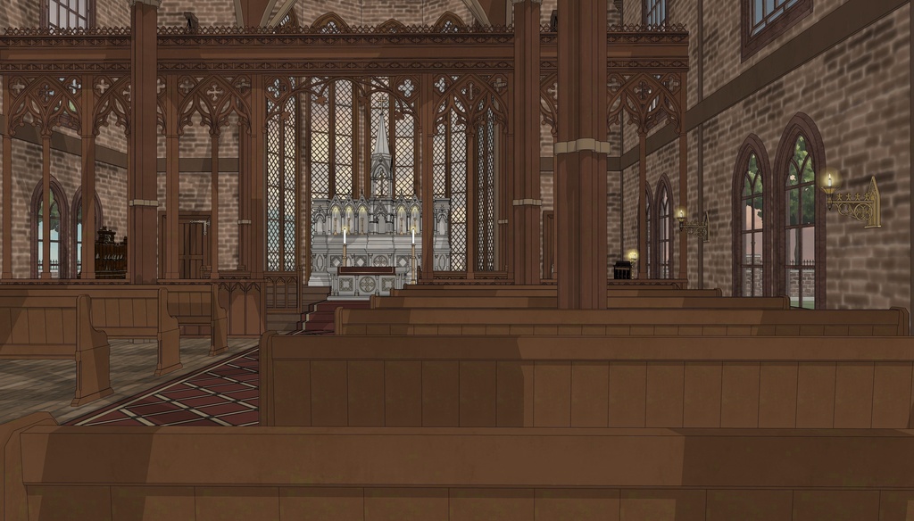 19世紀ゴシック聖堂|祭壇・告解室付き(外部 / 内部)|3D背景素材(SketchUp)