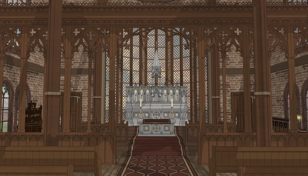 19世紀ゴシック聖堂|祭壇・告解室付き(外部 / 内部)|3D背景素材(SketchUp)