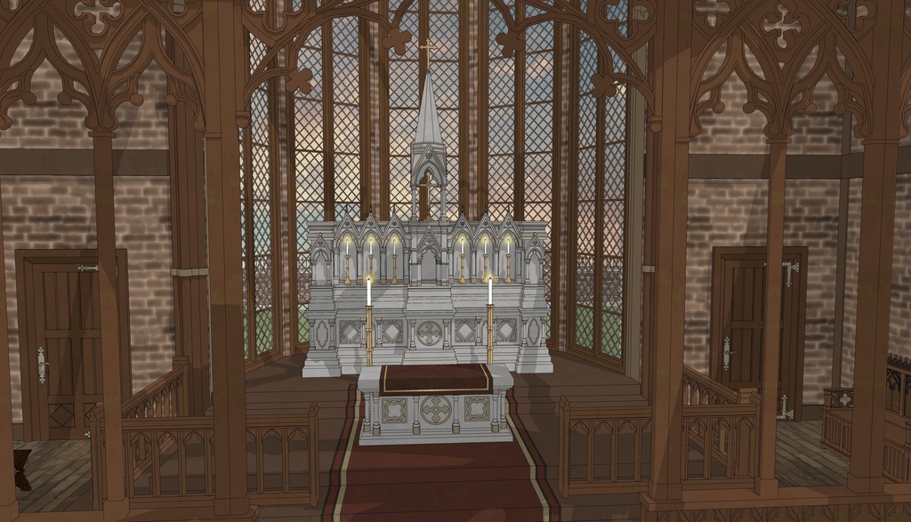 19世紀ゴシック聖堂|祭壇・告解室付き(外部 / 内部)|3D背景素材(SketchUp)