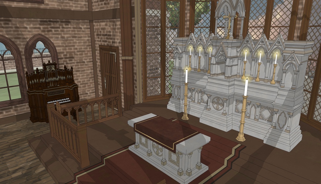 19世紀ゴシック聖堂|祭壇・告解室付き(外部 / 内部)|3D背景素材(SketchUp)