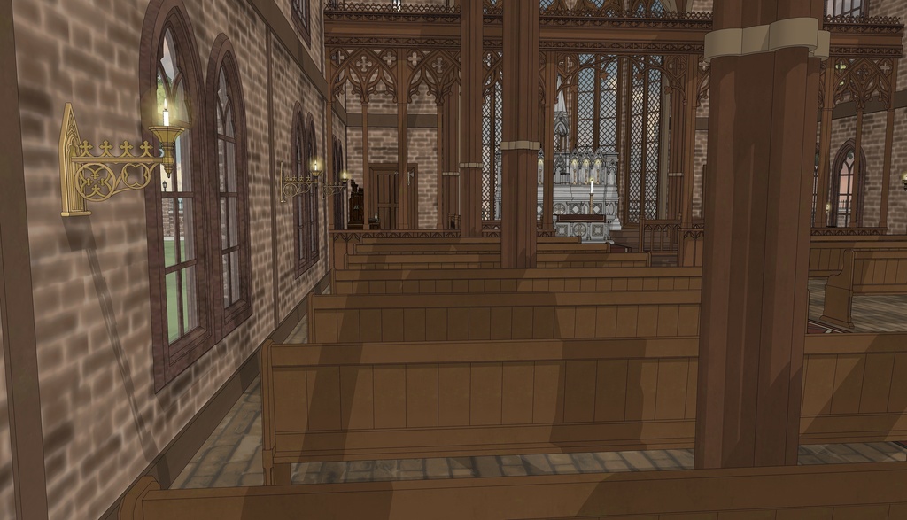 19世紀ゴシック聖堂|祭壇・告解室付き(外部 / 内部)|3D背景素材(SketchUp)