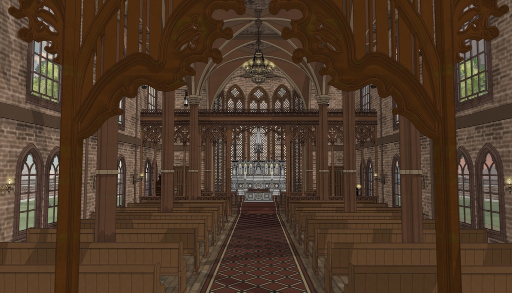 19世紀ゴシック聖堂|祭壇・告解室付き(外部 / 内部)|3D背景素材(SketchUp)