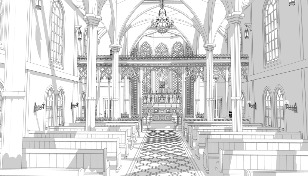 19世紀ゴシック聖堂|祭壇・告解室付き(外部 / 内部)|3D背景素材(SketchUp)