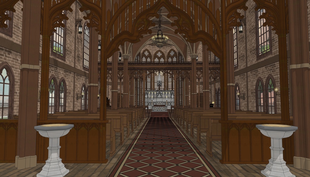 19世紀ゴシック聖堂｜祭壇・告解室付き（外部 / 内部）｜3D背景素材（SketchUp）