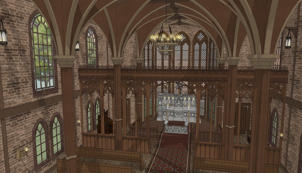 19世紀ゴシック聖堂|祭壇・告解室付き(外部 / 内部)|3D背景素材(SketchUp)