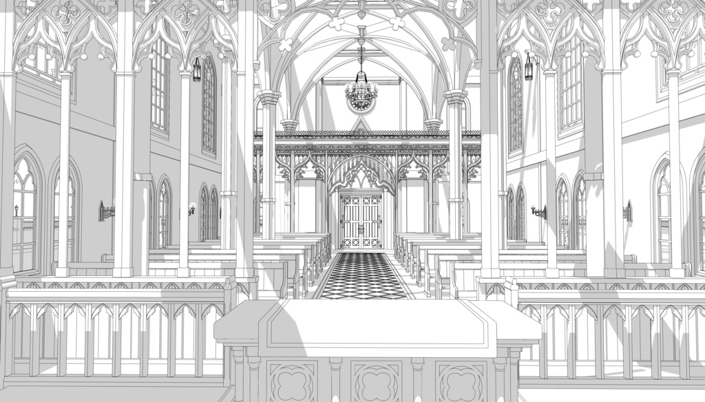 19世紀ゴシック聖堂|祭壇・告解室付き(外部 / 内部)|3D背景素材(SketchUp)