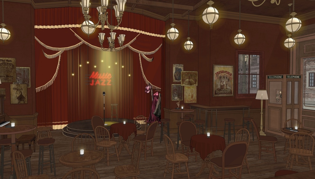 19世紀ヨーロッパ風 BAR|舞台・電話ボックス付き(外部 / 内部)|3D背景素材(SketchUp)