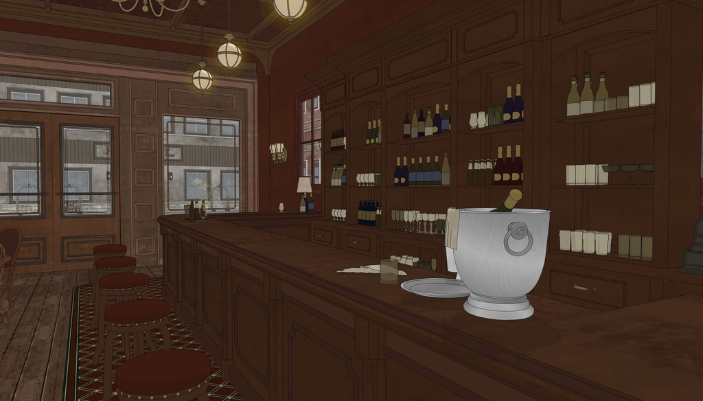 19世紀ヨーロッパ風 BAR|舞台・電話ボックス付き(外部 / 内部)|3D背景素材(SketchUp)