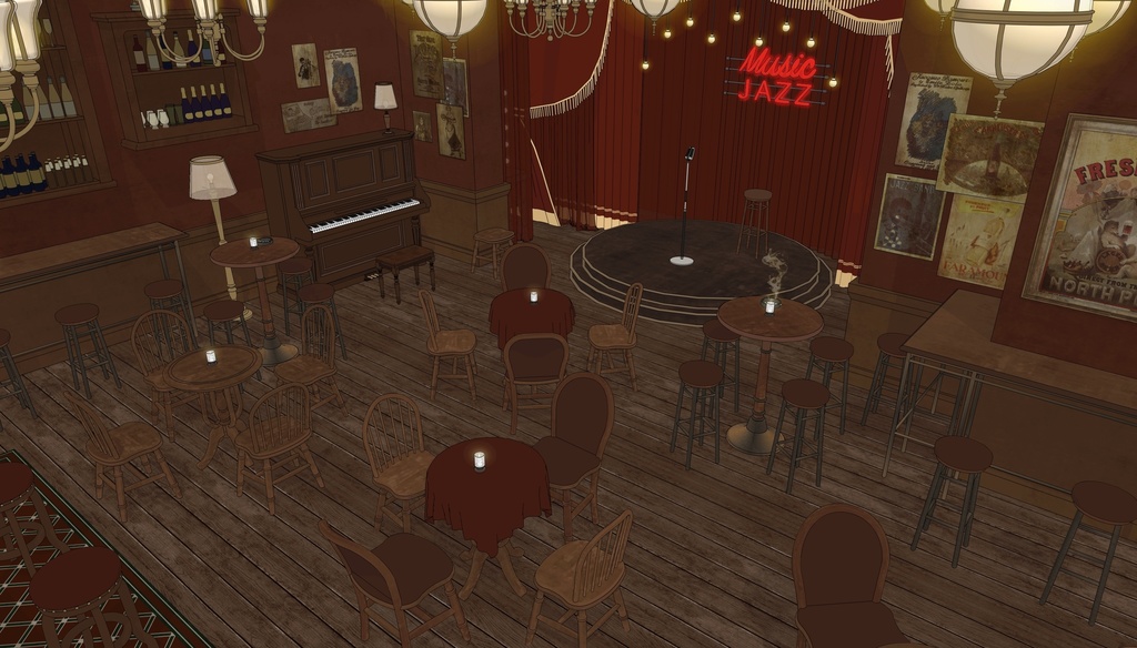 19世紀ヨーロッパ風 BAR|舞台・電話ボックス付き(外部 / 内部)|3D背景素材(SketchUp)