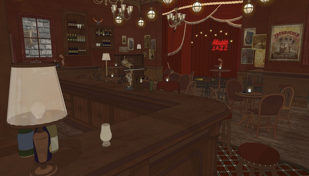 19世紀ヨーロッパ風 BAR|舞台・電話ボックス付き(外部 / 内部)|3D背景素材(SketchUp)