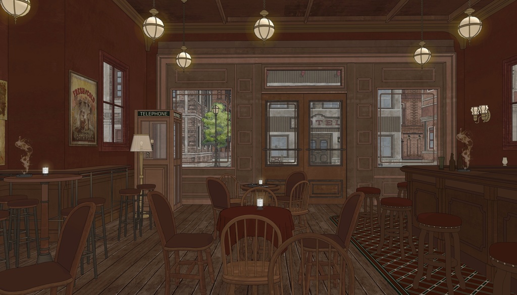 19世紀ヨーロッパ風 BAR|舞台・電話ボックス付き(外部 / 内部)|3D背景素材(SketchUp)