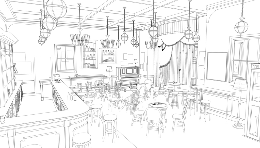 19世紀ヨーロッパ風 BAR|舞台・電話ボックス付き(外部 / 内部)|3D背景素材(SketchUp)