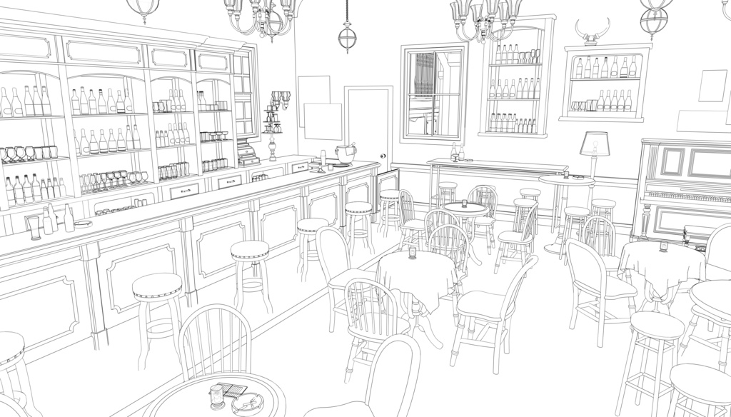 19世紀ヨーロッパ風 BAR|舞台・電話ボックス付き(外部 / 内部)|3D背景素材(SketchUp)