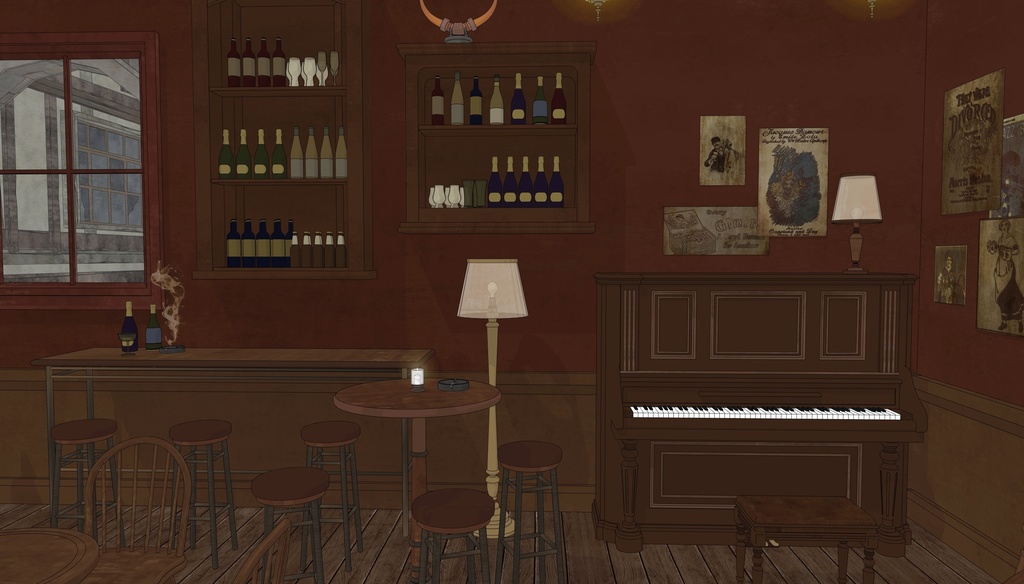 19世紀ヨーロッパ風 BAR|舞台・電話ボックス付き(外部 / 内部)|3D背景素材(SketchUp)