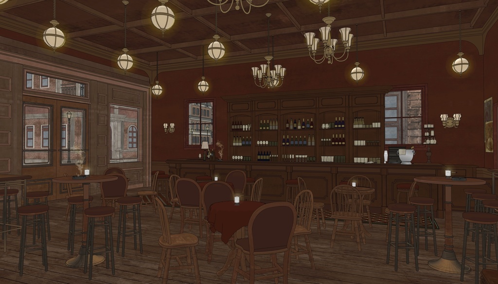 19世紀ヨーロッパ風 BAR|舞台・電話ボックス付き(外部 / 内部)|3D背景素材(SketchUp)