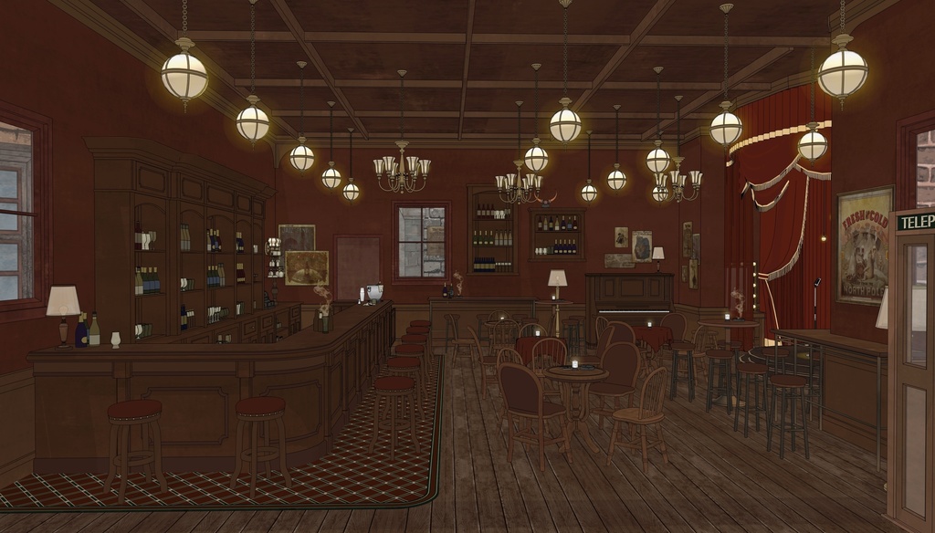19世紀ヨーロッパ風 BAR|舞台・電話ボックス付き(外部 / 内部)|3D背景素材(SketchUp)