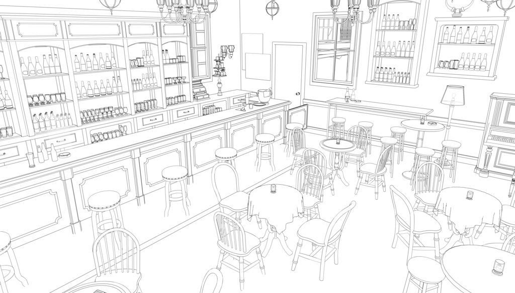 19世紀ヨーロッパ風 BAR|舞台・電話ボックス付き(外部 / 内部)|3D背景素材(SketchUp)