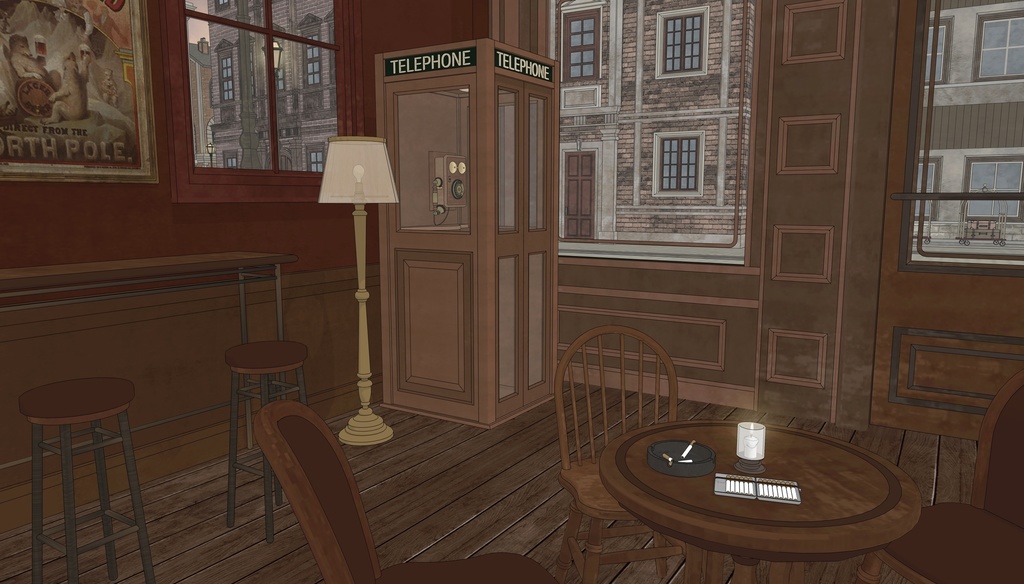 19世紀ヨーロッパ風 BAR|舞台・電話ボックス付き(外部 / 内部)|3D背景素材(SketchUp)
