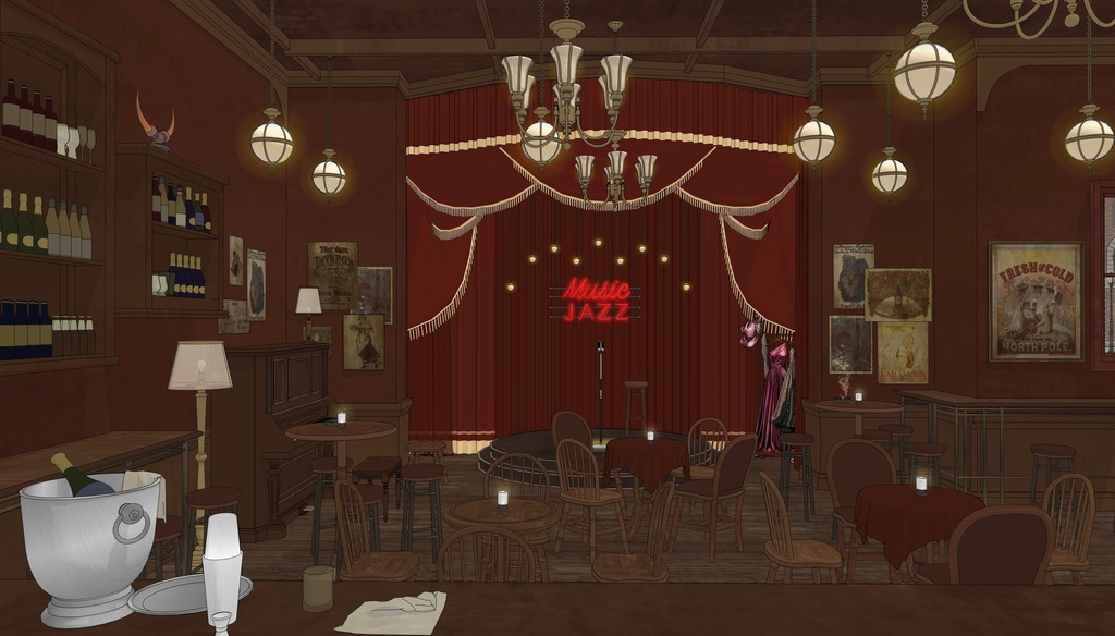 19世紀ヨーロッパ風 BAR|舞台・電話ボックス付き(外部 / 内部)|3D背景素材(SketchUp)