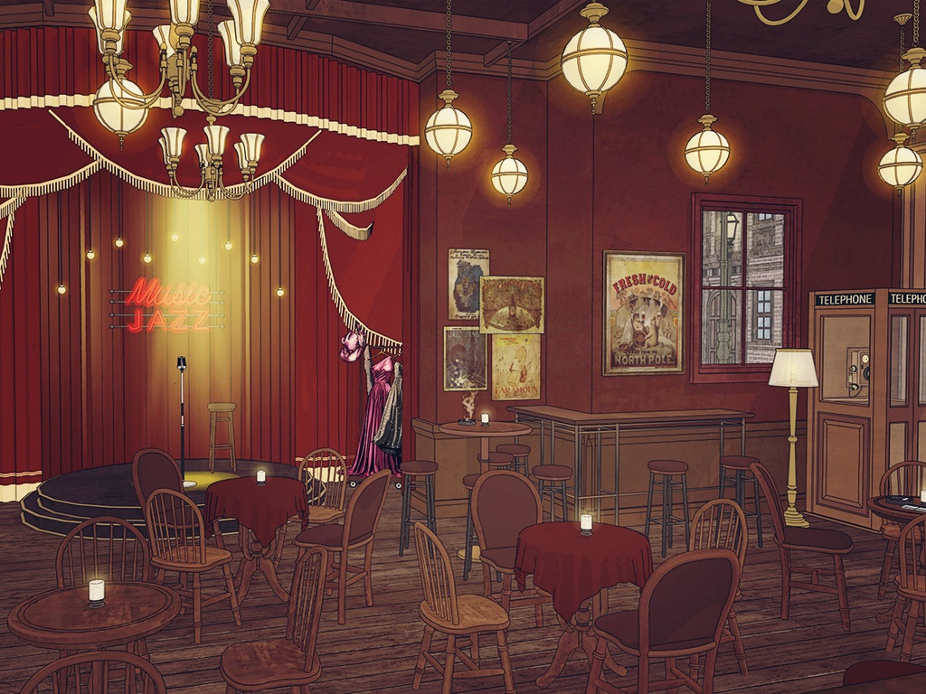 19世紀ヨーロッパ風 BAR|舞台・電話ボックス付き(外部 / 内部)|3D背景素材(SketchUp)