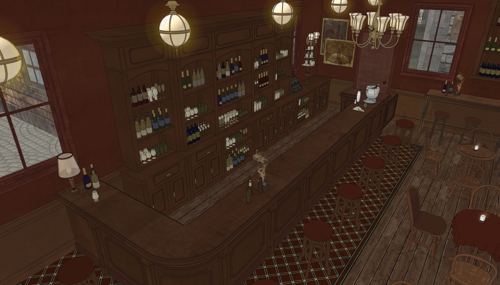 19世紀ヨーロッパ風 BAR|舞台・電話ボックス付き(外部 / 内部)|3D背景素材(SketchUp)