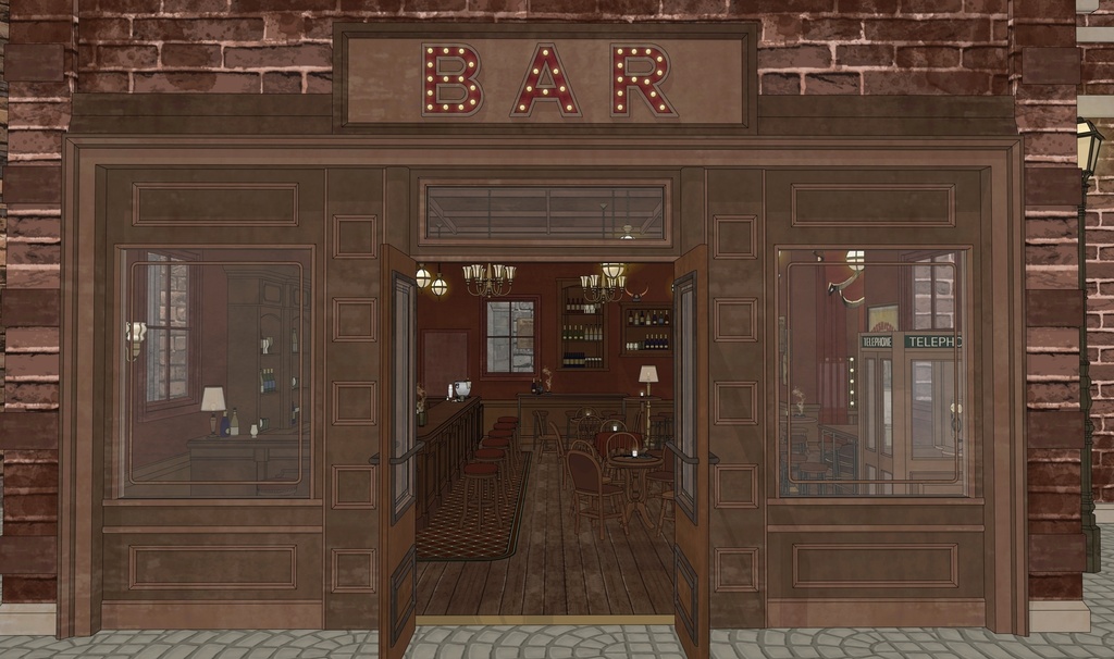 19世紀ヨーロッパ風 BAR|舞台・電話ボックス付き(外部 / 内部)|3D背景素材(SketchUp)
