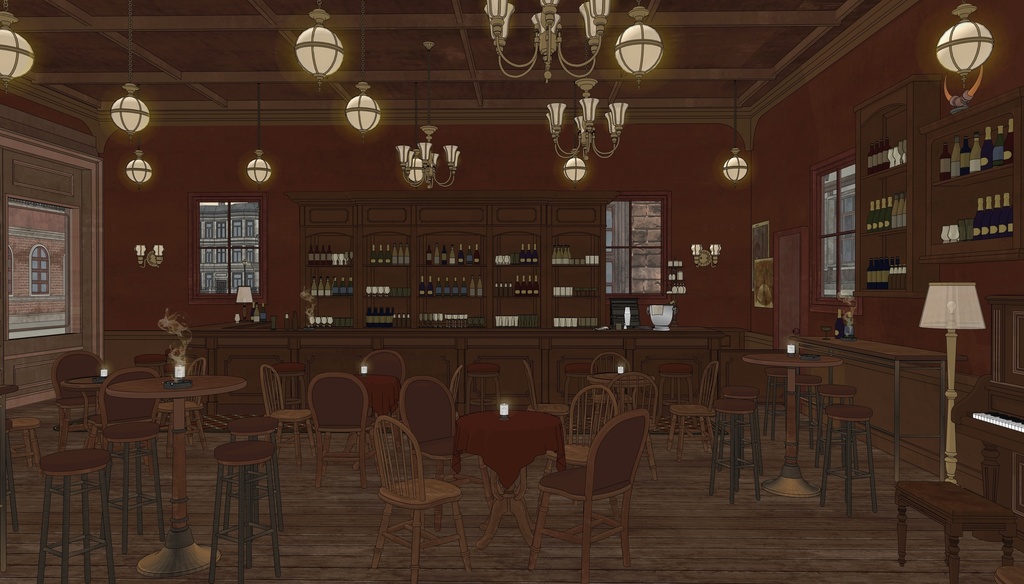19世紀ヨーロッパ風 BAR|舞台・電話ボックス付き(外部 / 内部)|3D背景素材(SketchUp)