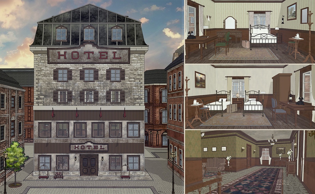 19世紀ヨーロッパ風 ホテル|3階構造・客室・エレベーター付き(外部 / 内部)|3D背景素材(SketchUp)