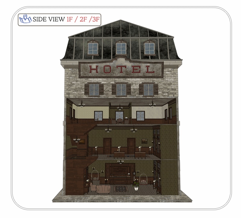19世紀ヨーロッパ風 ホテル|3階構造・客室・エレベーター付き(外部 / 内部)|3D背景素材(SketchUp)