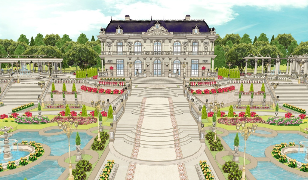 華やかで暖かい花の邸宅 外観&庭園|散策路・ガラス温室・東屋付き 3D背景素材(SketchUp)