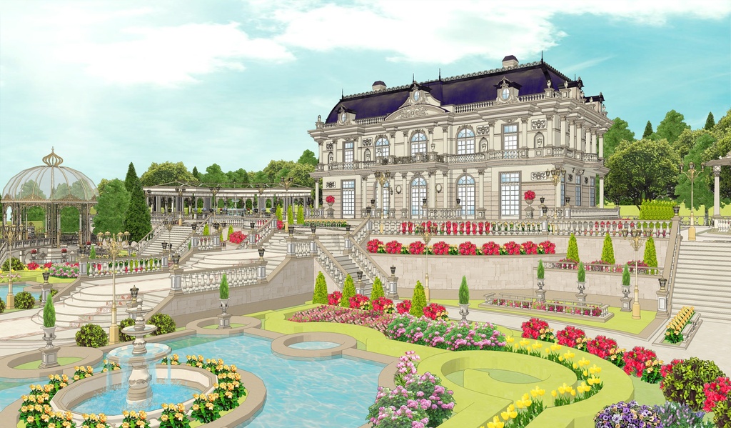 華やかで暖かい花の邸宅 外観&庭園|散策路・ガラス温室・東屋付き 3D背景素材(SketchUp)