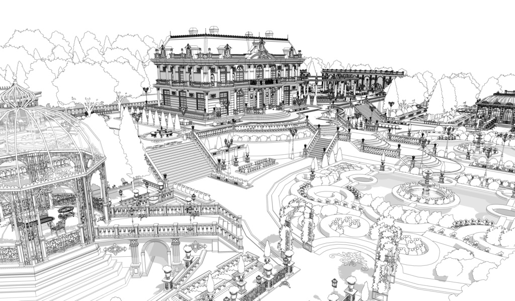 華やかで暖かい花の邸宅 外観&庭園|散策路・ガラス温室・東屋付き 3D背景素材(SketchUp)