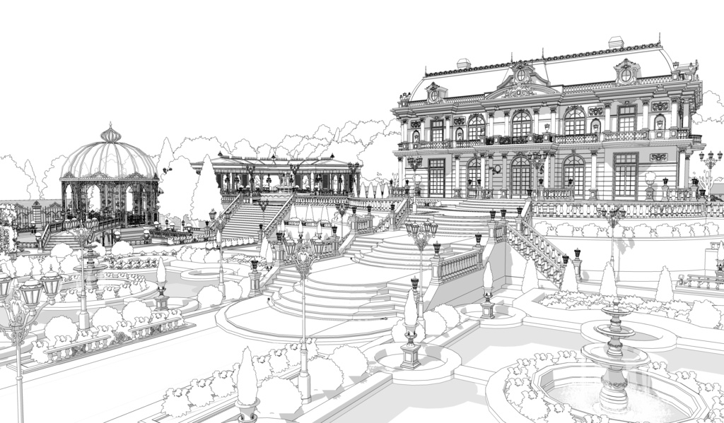 華やかで暖かい花の邸宅 外観&庭園|散策路・ガラス温室・東屋付き 3D背景素材(SketchUp)